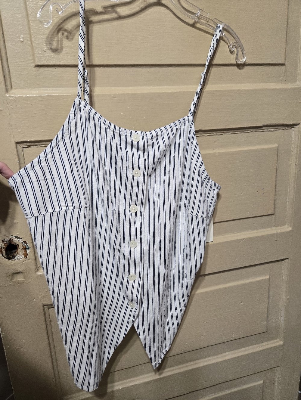A New Day Blue White Striped Linen Blend Button Down Tie Back Tank Top NWT